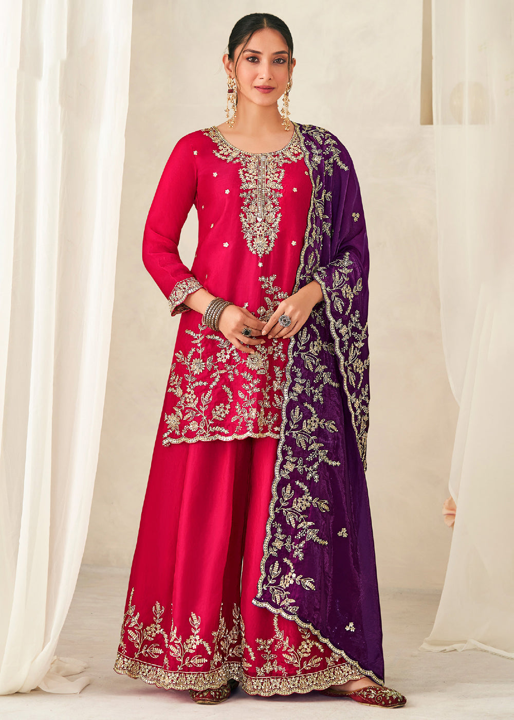 Buy Now Pink Fendy Silk Zarkan Work Festive Palazzo Suit Online in New York, Los Angeles, San Jose, Chicago, Houston, Fremont, Dubai & Worldwide at Empress.
