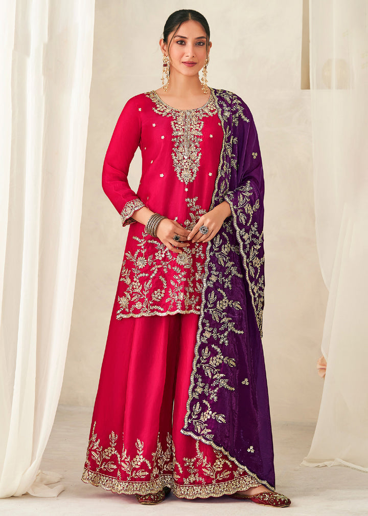 Buy Now Pink Fendy Silk Zarkan Work Festive Palazzo Suit Online in New York, Los Angeles, San Jose, Chicago, Houston, Fremont, Dubai & Worldwide at Empress.