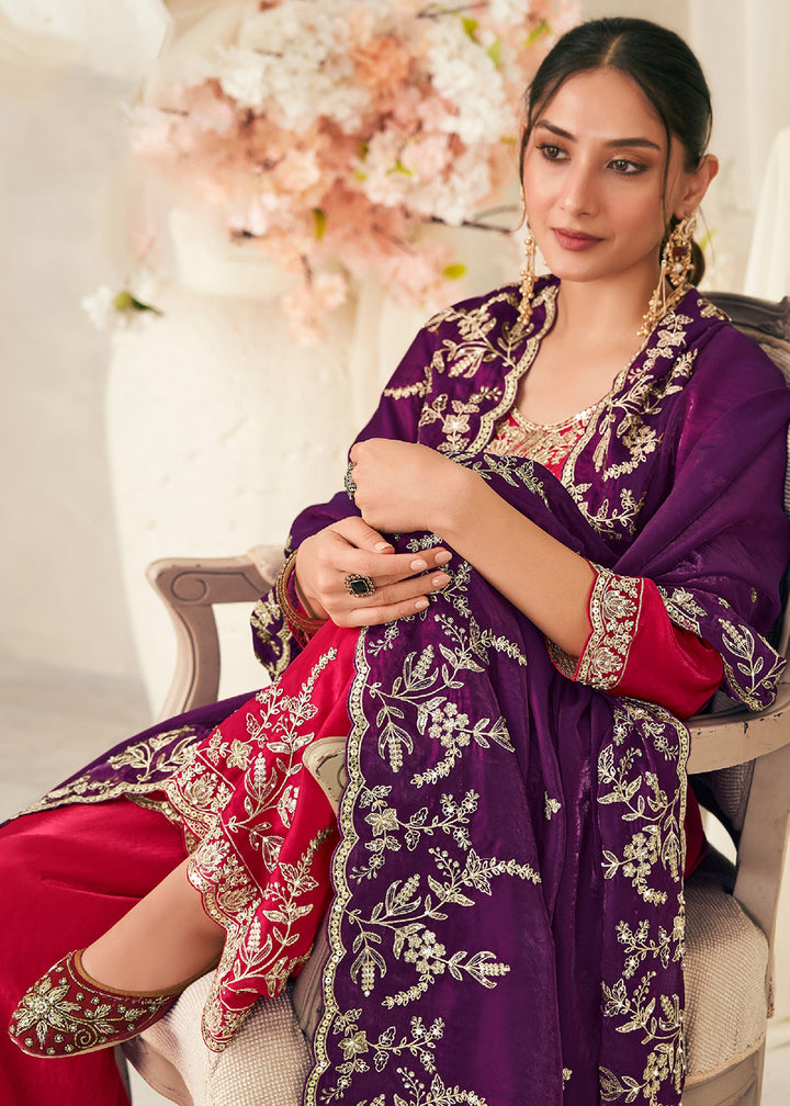 Buy Now Pink Fendy Silk Zarkan Work Festive Palazzo Suit Online in New York, Los Angeles, San Jose, Chicago, Houston, Fremont, Dubai & Worldwide at Empress.