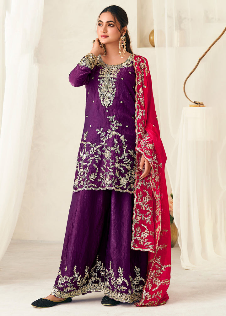 Buy Now Purple Fendy Silk Zarkan Work Festive Palazzo Suit Online in New York, Los Angeles, San Jose, Chicago, Houston, Fremont, Dubai & Worldwide at Empress.