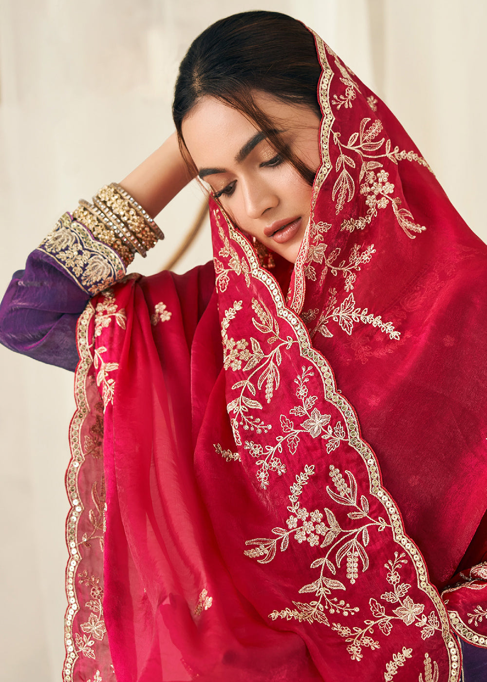 Buy Now Purple Fendy Silk Zarkan Work Festive Palazzo Suit Online in New York, Los Angeles, San Jose, Chicago, Houston, Fremont, Dubai & Worldwide at Empress.