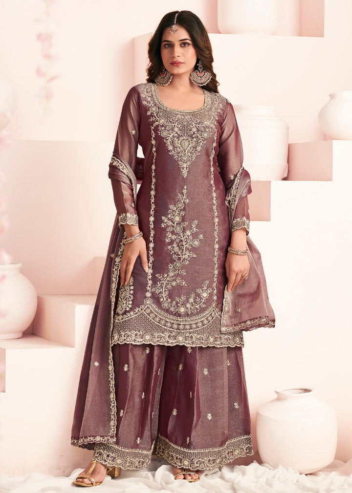 Buy Now Mauve Moss Silk Embroidered Palazzo Style Suit Online in US, UK, Canada, Netherlands, Germany, Italy, France, Sweden, UAE, Qatar & Worldwide at Empress.