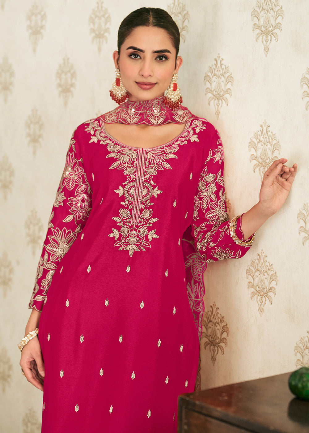 Buy Now Heavy Premium Chinnon Pink Palazzo Style Dress Online in US, UK, Canada, Netherlands, Germany, Italy, France, Switzerland, UAE &amp; Worldwide at Empress.