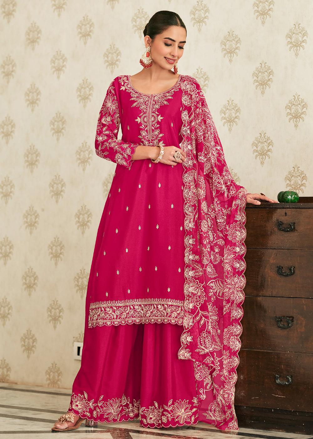 Buy Now Heavy Premium Chinnon Pink Palazzo Style Dress Online in US, UK, Canada, Netherlands, Germany, Italy, France, Switzerland, UAE & Worldwide at Empress.