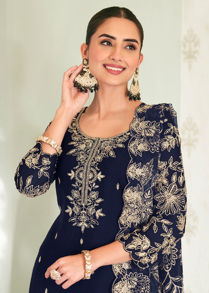 Buy Now Heavy Premium Chinnon Blue Palazzo Style Dress Online in US, UK, Canada, Netherlands, Germany, Italy, France, Switzerland, UAE &amp; Worldwide at Empress.