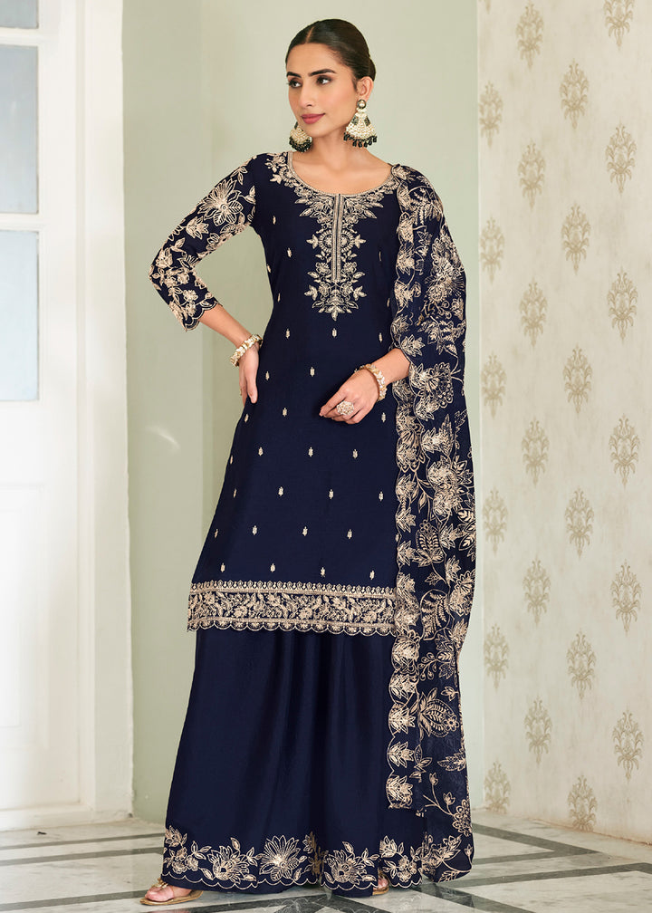 Buy Now Heavy Premium Chinnon Blue Palazzo Style Dress Online in US, UK, Canada, Netherlands, Germany, Italy, France, Switzerland, UAE &amp; Worldwide at Empress.