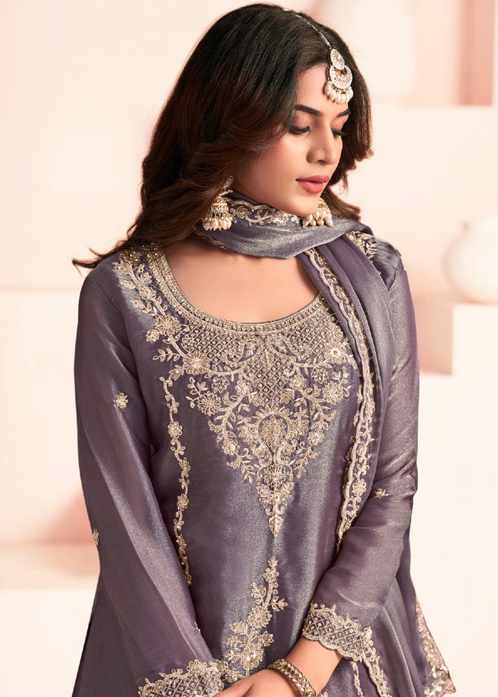 Buy Now Lilac Moss Silk Embroidered Palazzo Style Suit Online in US, UK, Canada, Netherlands, Germany, Italy, France, Sweden, UAE, Qatar & Worldwide at Empress.