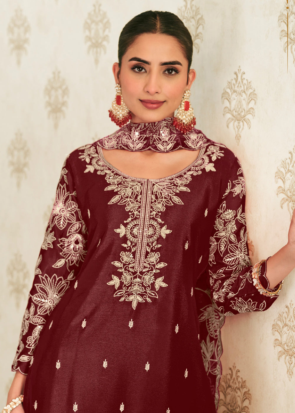 Buy Now Heavy Premium Chinnon Maroon Palazzo Style Dress Online in US, UK, Canada, Netherlands, Germany, Italy, France, Switzerland, UAE & Worldwide at Empress.