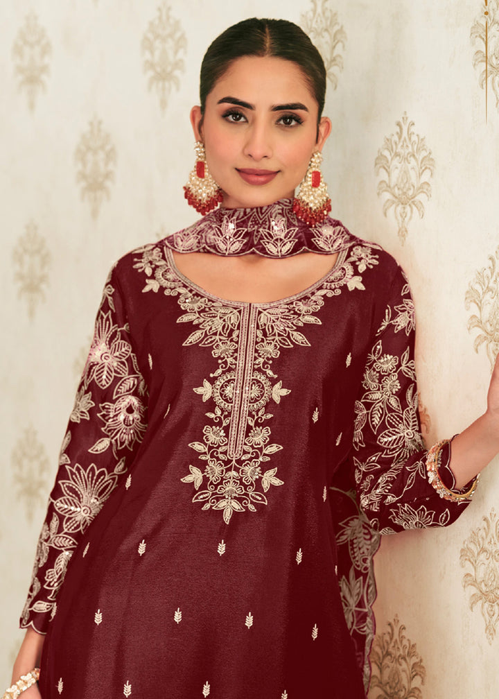 Buy Now Heavy Premium Chinnon Maroon Palazzo Style Dress Online in US, UK, Canada, Netherlands, Germany, Italy, France, Switzerland, UAE &amp; Worldwide at Empress.