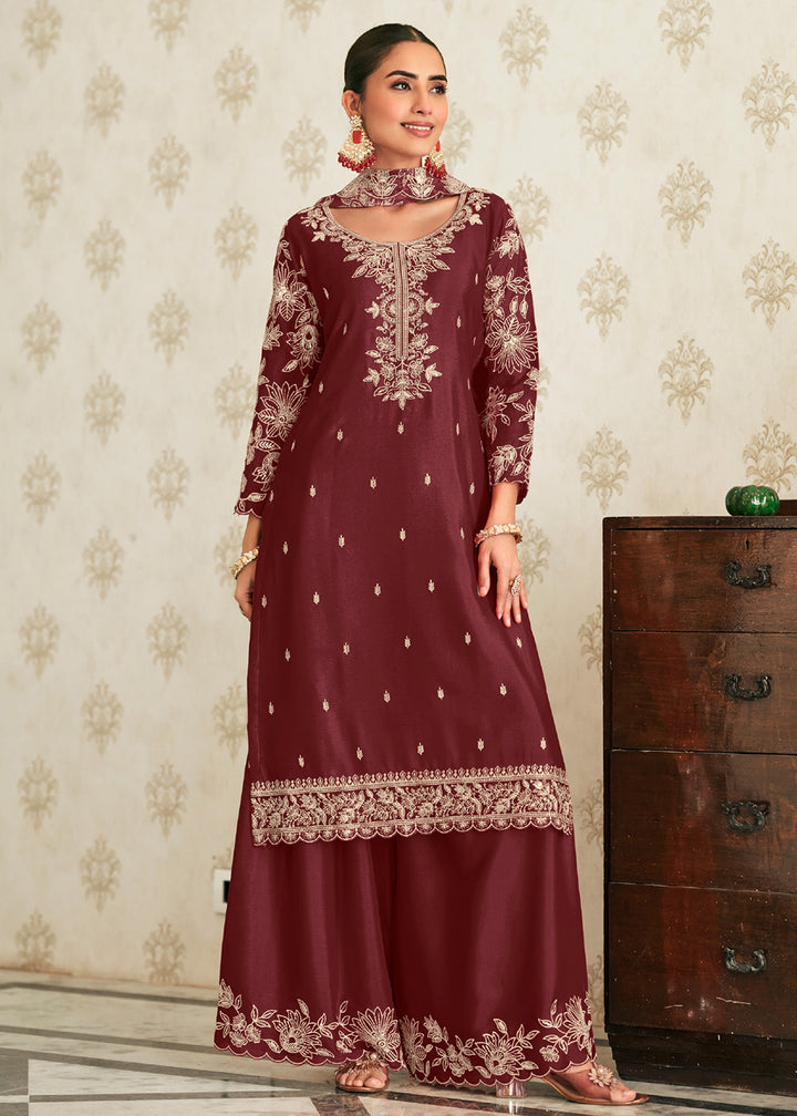 Buy Now Heavy Premium Chinnon Maroon Palazzo Style Dress Online in US, UK, Canada, Netherlands, Germany, Italy, France, Switzerland, UAE &amp; Worldwide at Empress.