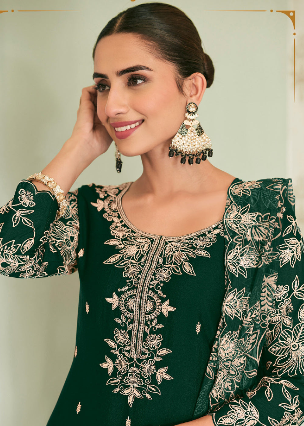 Buy Now Heavy Premium Chinnon Green Palazzo Style Dress Online in US, UK, Canada, Netherlands, Germany, Italy, France, Switzerland, UAE & Worldwide at Empress.