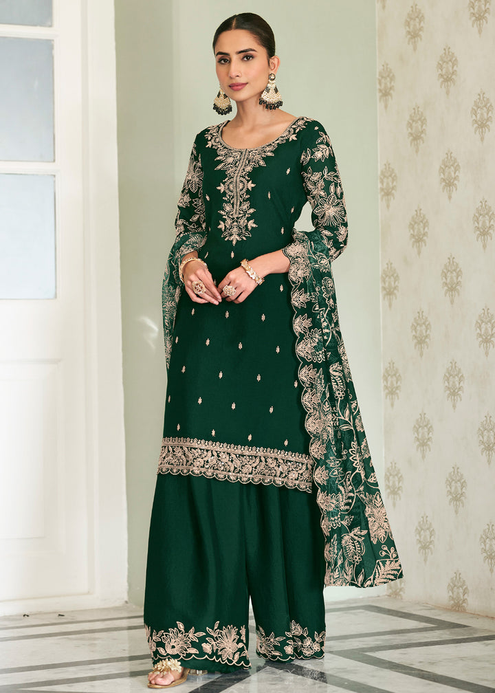 Buy Now Heavy Premium Chinnon Green Palazzo Style Dress Online in US, UK, Canada, Netherlands, Germany, Italy, France, Switzerland, UAE &amp; Worldwide at Empress.