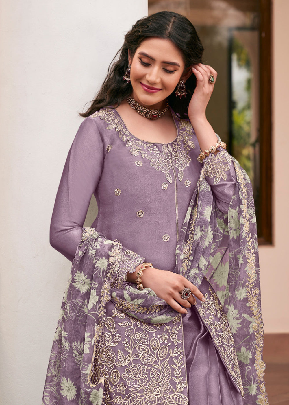 Buy Now Lavender Front Slit Style Embroidered Silk Palazzo Suit Online in US, UK, Canada, Netherlands, Germany, Italy, France, Sweden, UAE & Worldwide at Empress.