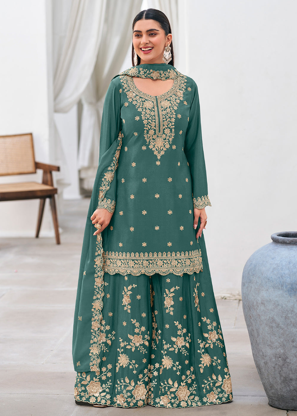 Shop Now Teal Color Heavy Chinnon Silk Festive Sharara Suit Online at Empress in US, UK, Canada, Italy, Germany, France, Greece, Sweden, Austria & Worldwide.
