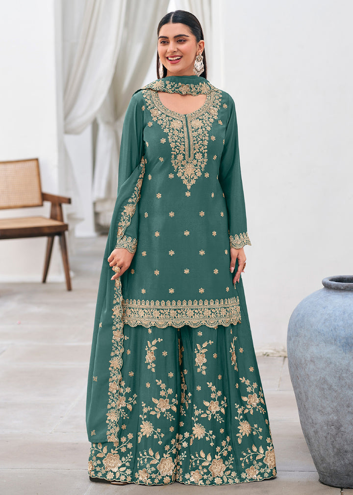 Shop Now Teal Color Heavy Chinnon Silk Festive Sharara Suit Online at Empress in US, UK, Canada, Italy, Germany, France, Greece, Sweden, Austria &amp; Worldwide.