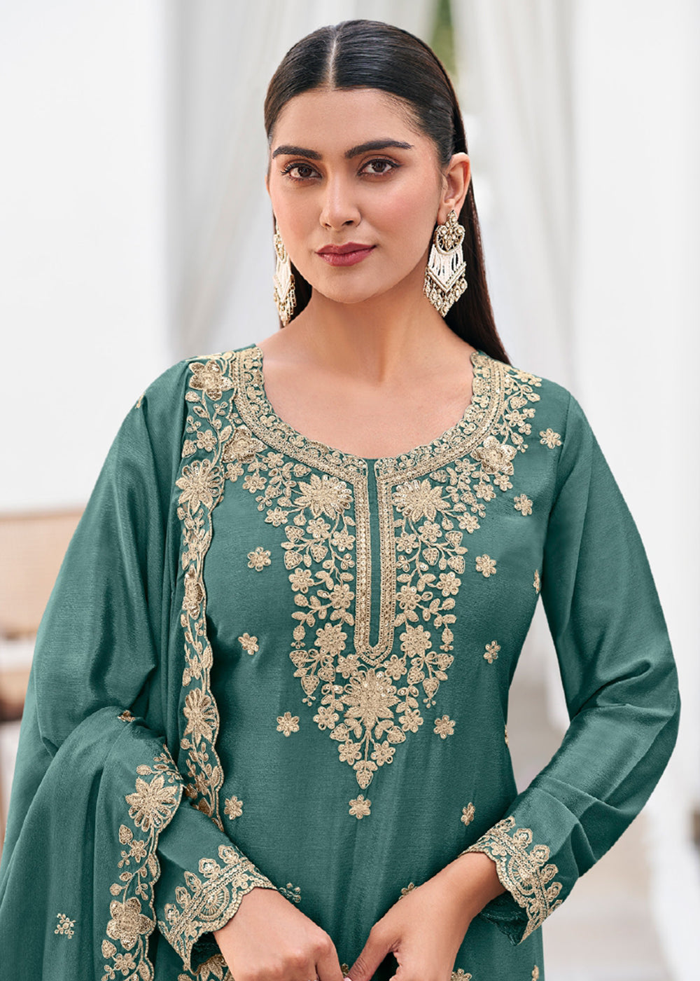 Shop Now Teal Color Heavy Chinnon Silk Festive Sharara Suit Online at Empress in US, UK, Canada, Italy, Germany, France, Greece, Sweden, Austria & Worldwide.