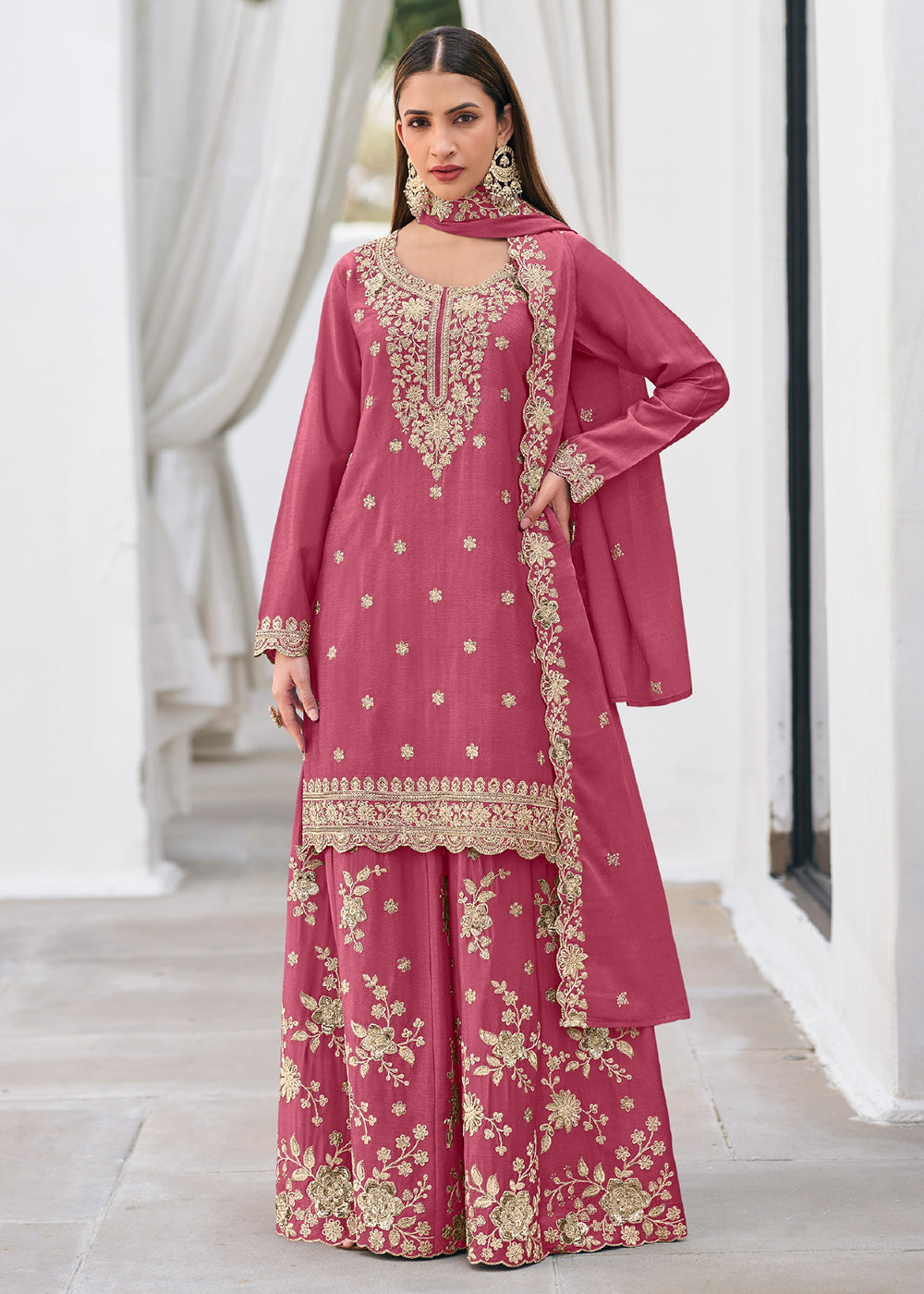 Shop Now Pink Color Heavy Chinnon Silk Festive Sharara Suit Online at Empress in US, UK, Canada, Italy, Germany, France, Greece, Sweden, Austria & Worldwide.