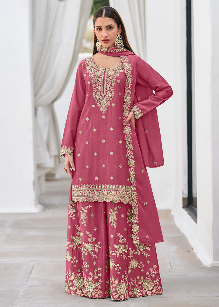 Shop Now Pink Color Heavy Chinnon Silk Festive Sharara Suit Online at Empress in US, UK, Canada, Italy, Germany, France, Greece, Sweden, Austria &amp; Worldwide.