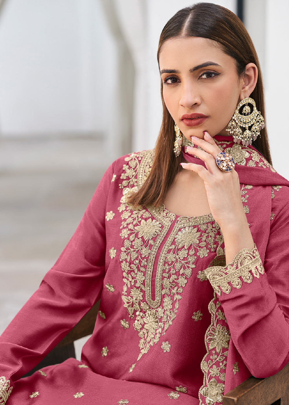 Shop Now Pink Color Heavy Chinnon Silk Festive Sharara Suit Online at Empress in US, UK, Canada, Italy, Germany, France, Greece, Sweden, Austria & Worldwide.
