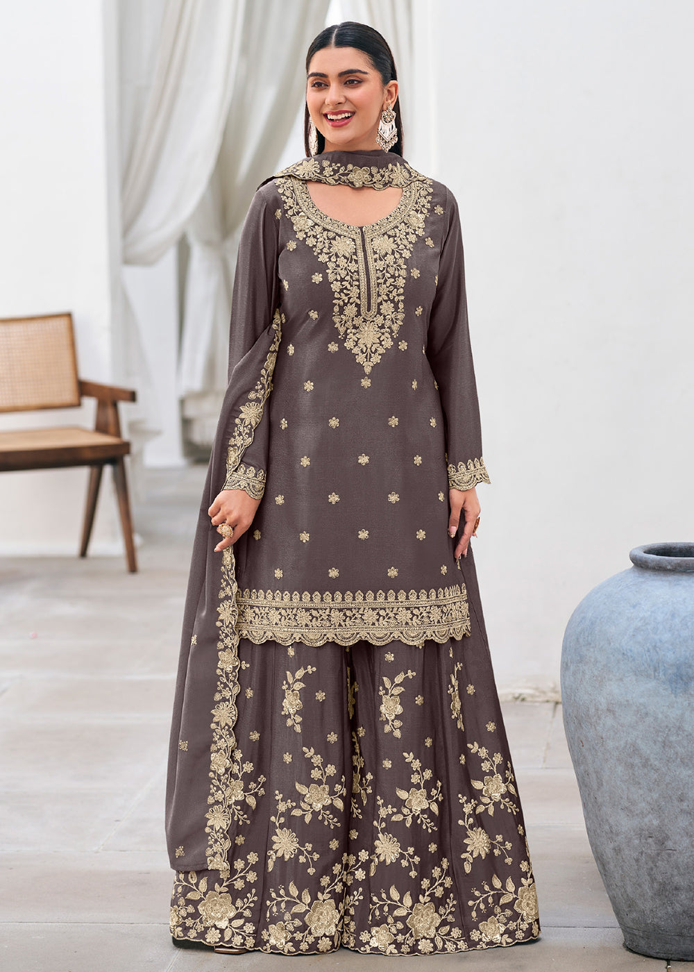 Shop Now Grey Color Heavy Chinnon Silk Festive Sharara Suit Online at Empress in US, UK, Canada, Italy, Germany, France, Greece, Sweden, Austria & Worldwide.