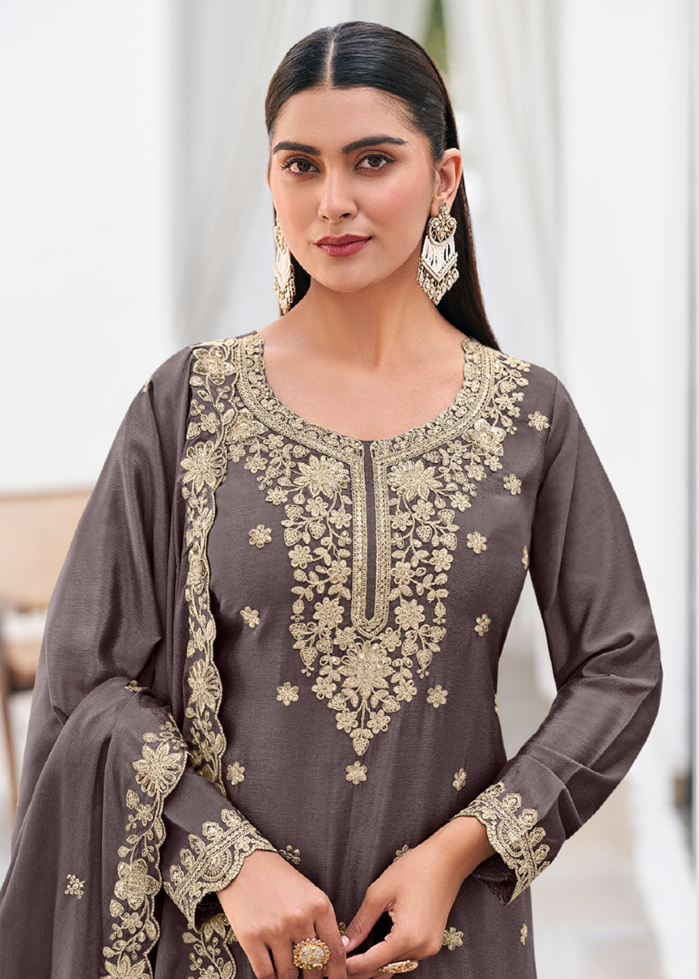 Shop Now Grey Color Heavy Chinnon Silk Festive Sharara Suit Online at Empress in US, UK, Canada, Italy, Germany, France, Greece, Sweden, Austria & Worldwide.