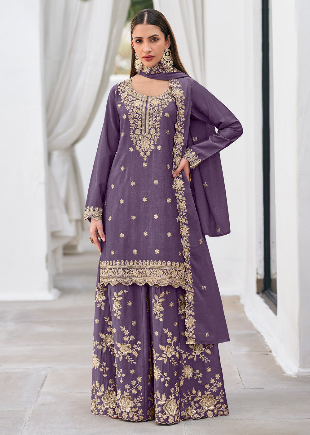 Shop Now Purple Color Heavy Chinnon Silk Festive Sharara Suit Online at Empress in US, UK, Canada, Italy, Germany, France, Greece, Sweden, Austria & Worldwide.