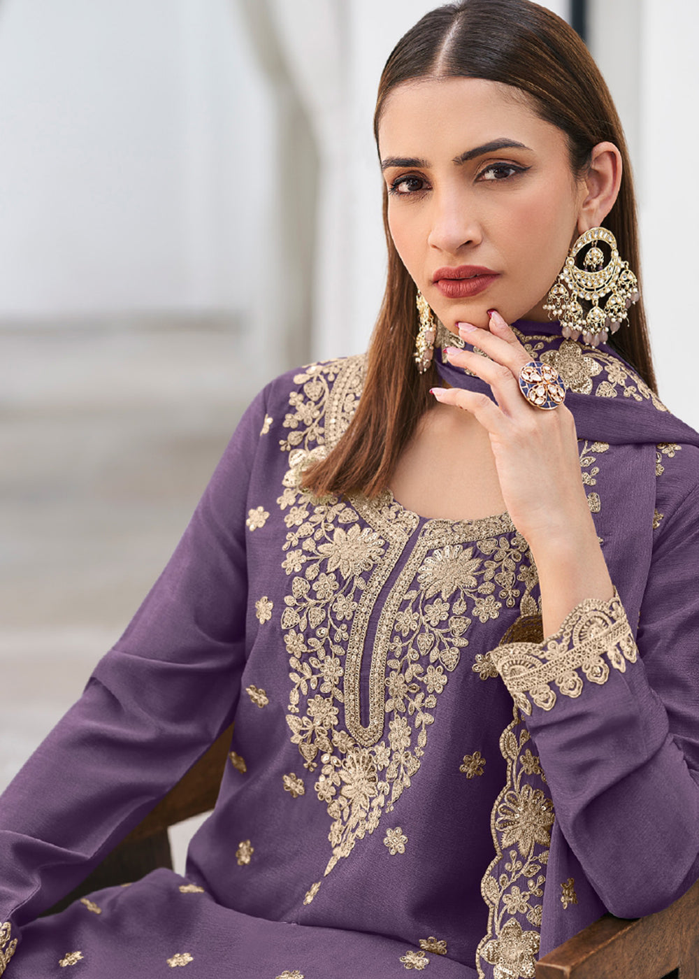Shop Now Purple Color Heavy Chinnon Silk Festive Sharara Suit Online at Empress in US, UK, Canada, Italy, Germany, France, Greece, Sweden, Austria & Worldwide.