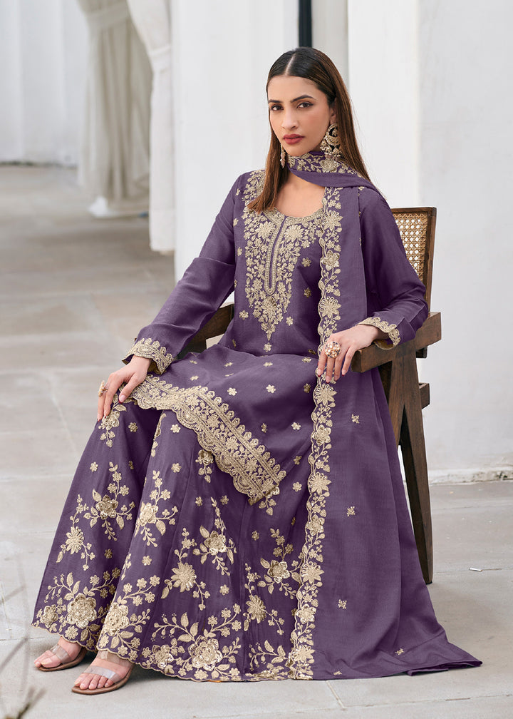 Shop Now Purple Color Heavy Chinnon Silk Festive Sharara Suit Online at Empress in US, UK, Canada, Italy, Germany, France, Greece, Sweden, Austria &amp; Worldwide.