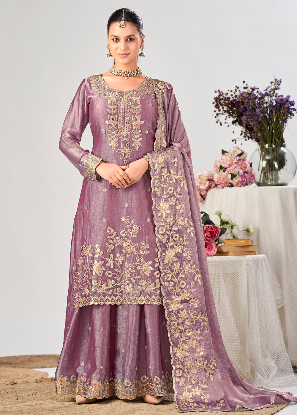 Buy Now Purple Premium Fendy Silk Festive Palazzo Suit Online in US, UK, Canada, Netherlands, Germany, Italy, France, Greece, Austria &amp; Worldwide at Empress.