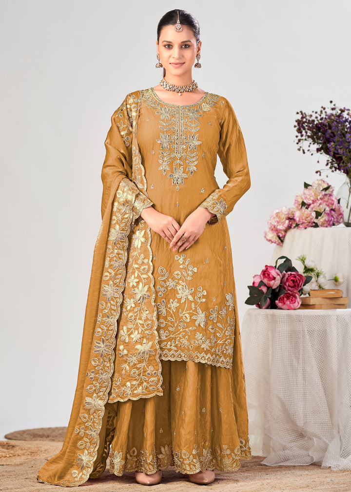Buy Now Mustard Premium Fendy Silk Festive Palazzo Suit Online in US, UK, Canada, Netherlands, Germany, Italy, France, Greece, Austria &amp; Worldwide at Empress.