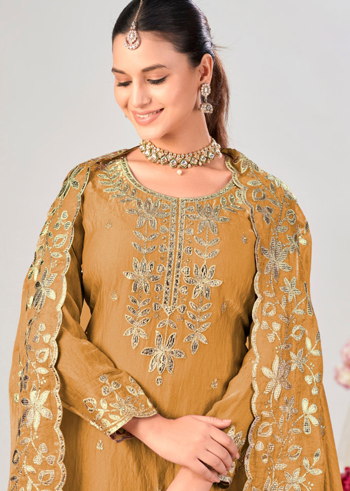 Buy Now Mustard Premium Fendy Silk Festive Palazzo Suit Online in US, UK, Canada, Netherlands, Germany, Italy, France, Greece, Austria &amp; Worldwide at Empress.