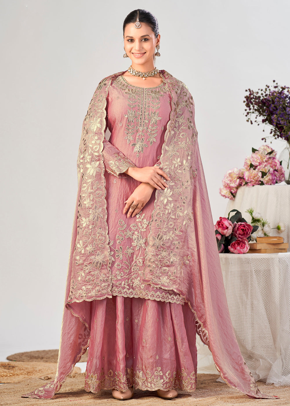 Buy Now Pink Premium Fendy Silk Festive Palazzo Suit Online in US, UK, Canada, Netherlands, Germany, Italy, France, Greece, Austria &amp; Worldwide at Empress.