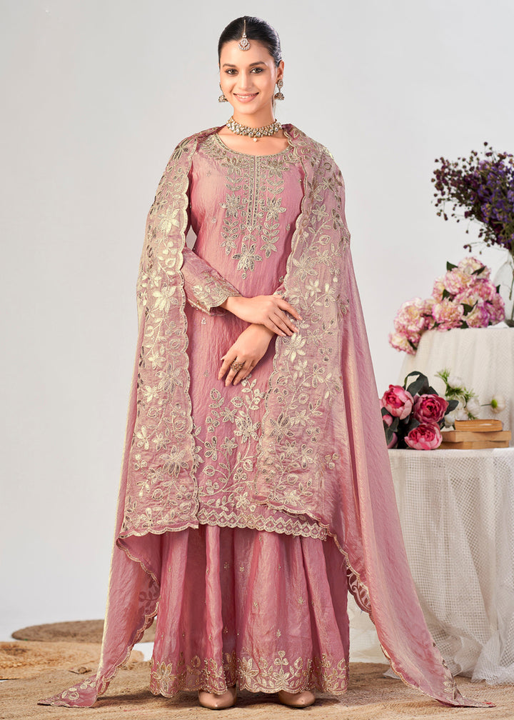 Buy Now Pink Premium Fendy Silk Festive Palazzo Suit Online in US, UK, Canada, Netherlands, Germany, Italy, France, Greece, Austria &amp; Worldwide at Empress.