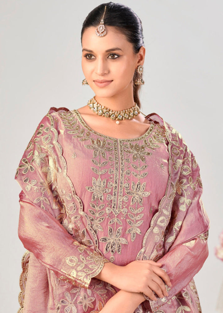 Buy Now Pink Premium Fendy Silk Festive Palazzo Suit Online in US, UK, Canada, Netherlands, Germany, Italy, France, Greece, Austria &amp; Worldwide at Empress.