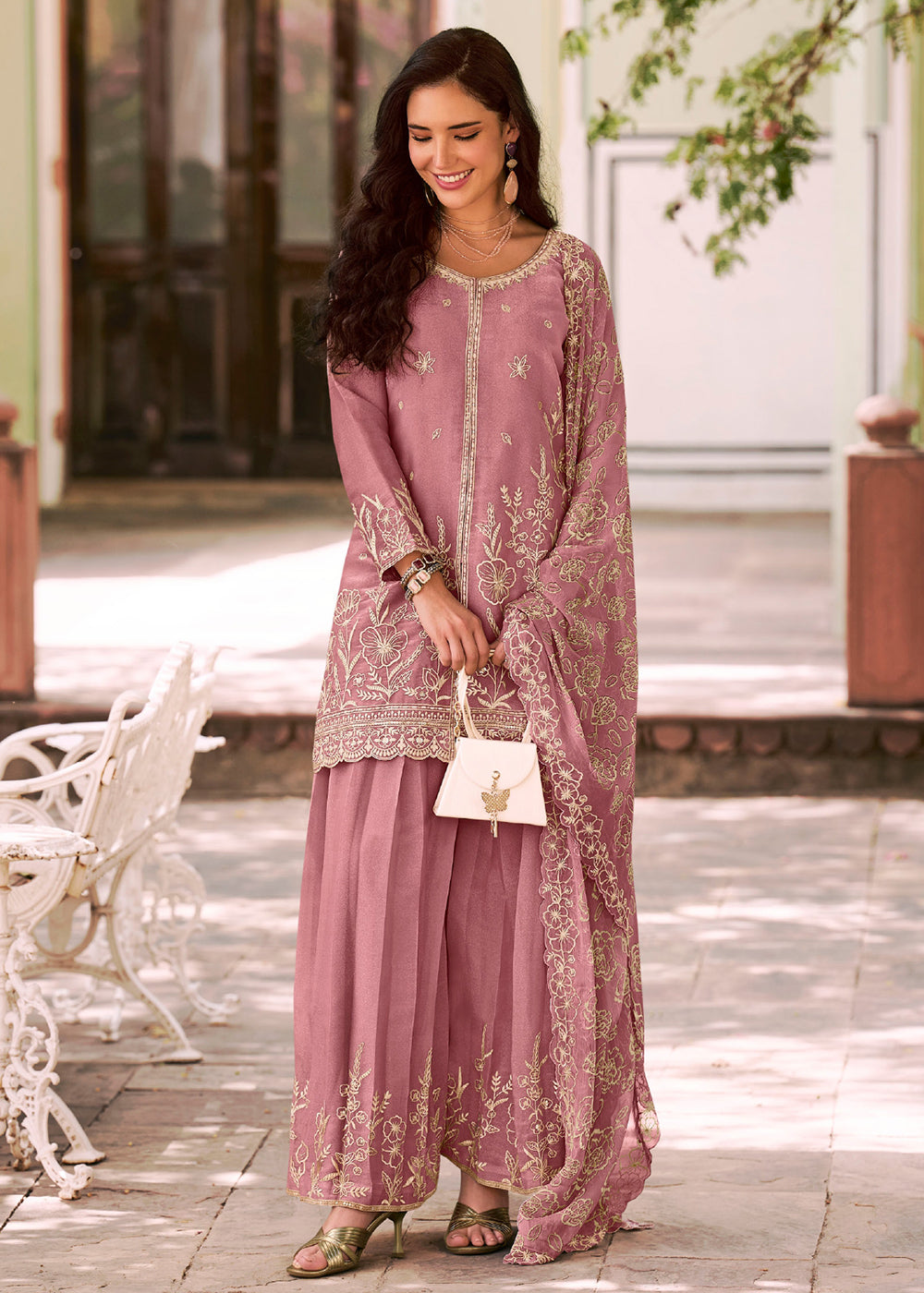 Buy Now Pink Moss Silk Embroidered Festive Palazzo Style Set Online in US, UK, Canada, Netherlands, Germany, Italy, France, Greece, UAE & Worldwide at Empress.