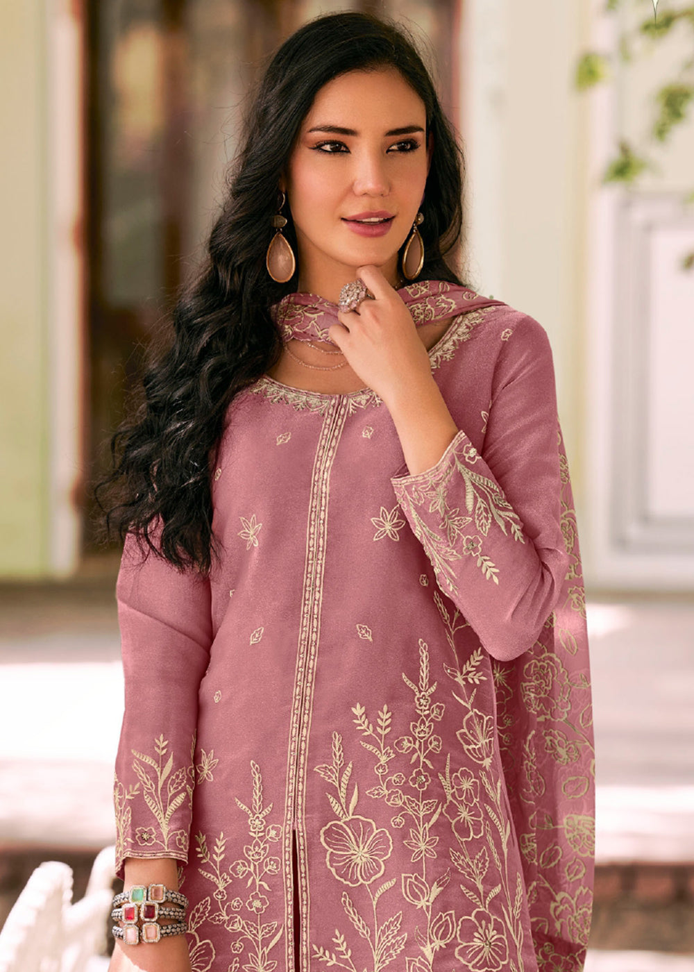 Buy Now Pink Moss Silk Embroidered Festive Palazzo Style Set Online in US, UK, Canada, Netherlands, Germany, Italy, France, Greece, UAE & Worldwide at Empress.
