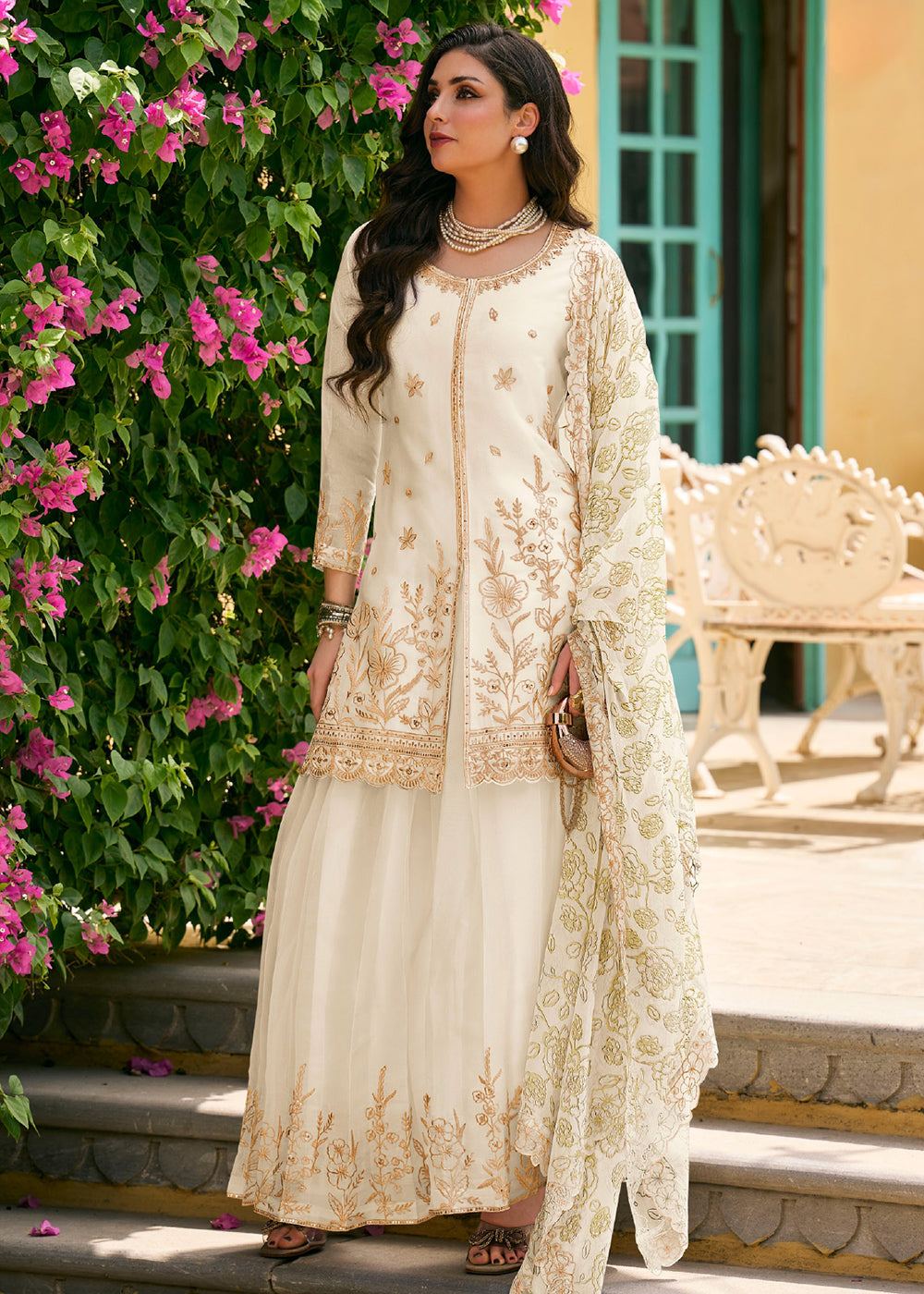 Buy Now Cream Moss Silk Embroidered Festive Palazzo Style Set Online in US, UK, Canada, Netherlands, Germany, Italy, France, Greece, UAE & Worldwide at Empress.
