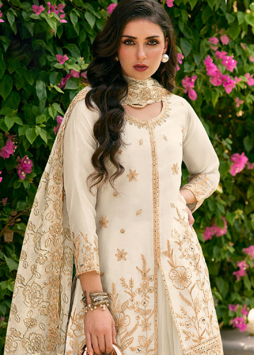 Buy Now Cream Moss Silk Embroidered Festive Palazzo Style Set Online in US, UK, Canada, Netherlands, Germany, Italy, France, Greece, UAE & Worldwide at Empress.