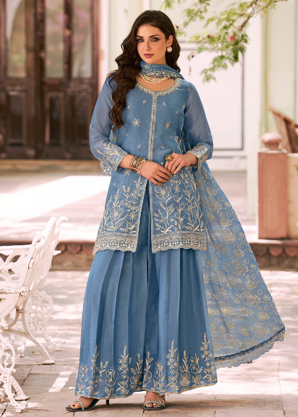 Buy Now Blue Moss Silk Embroidered Festive Palazzo Style Set Online in US, UK, Canada, Netherlands, Germany, Italy, France, Greece, UAE & Worldwide at Empress.