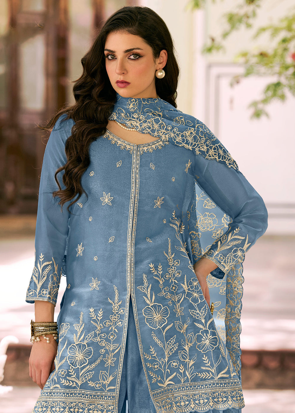 Buy Now Blue Moss Silk Embroidered Festive Palazzo Style Set Online in US, UK, Canada, Netherlands, Germany, Italy, France, Greece, UAE & Worldwide at Empress.