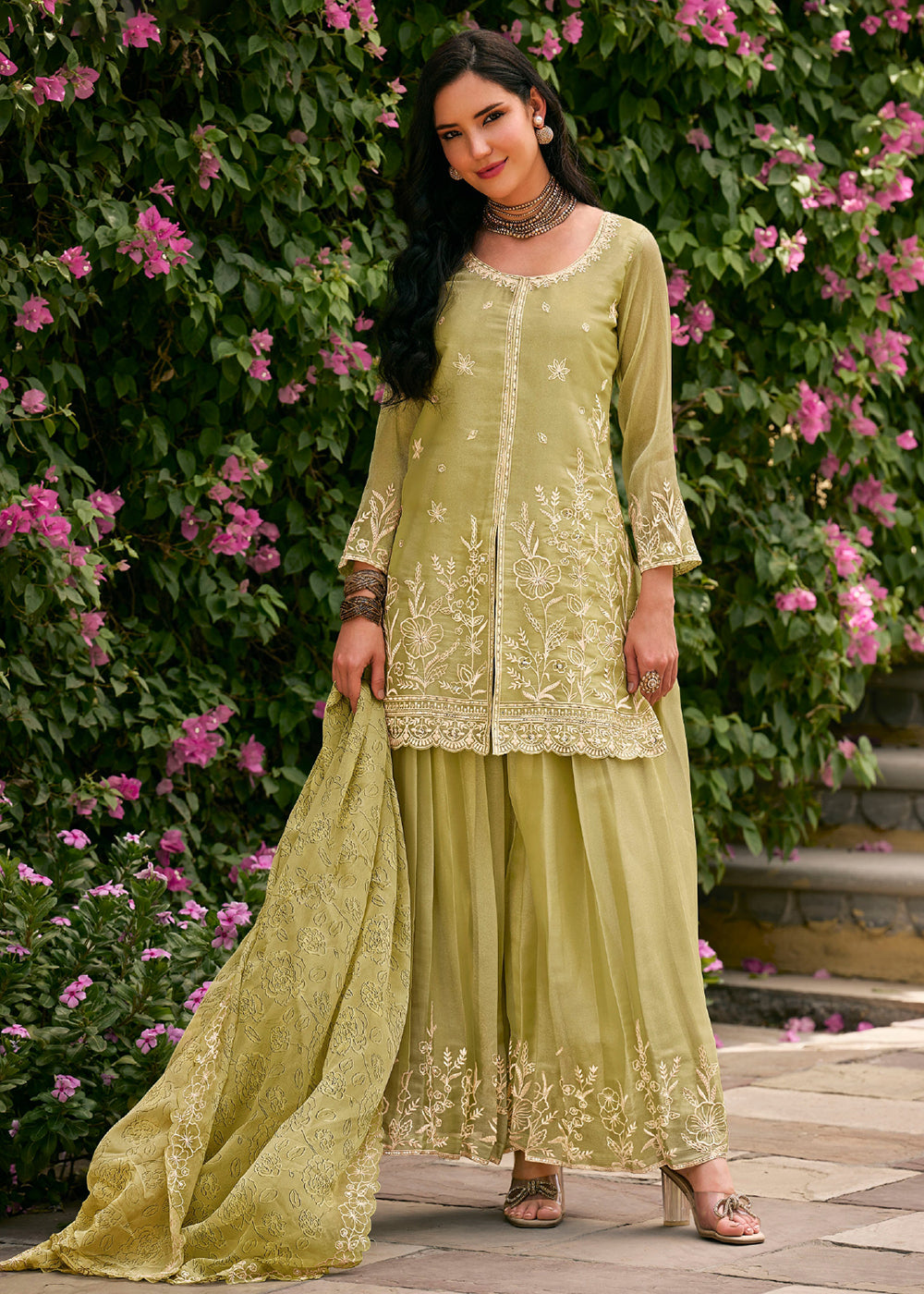 Buy Now Green Moss Silk Embroidered Festive Palazzo Style Set Online in US, UK, Canada, Netherlands, Germany, Italy, France, Greece, UAE & Worldwide at Empress.