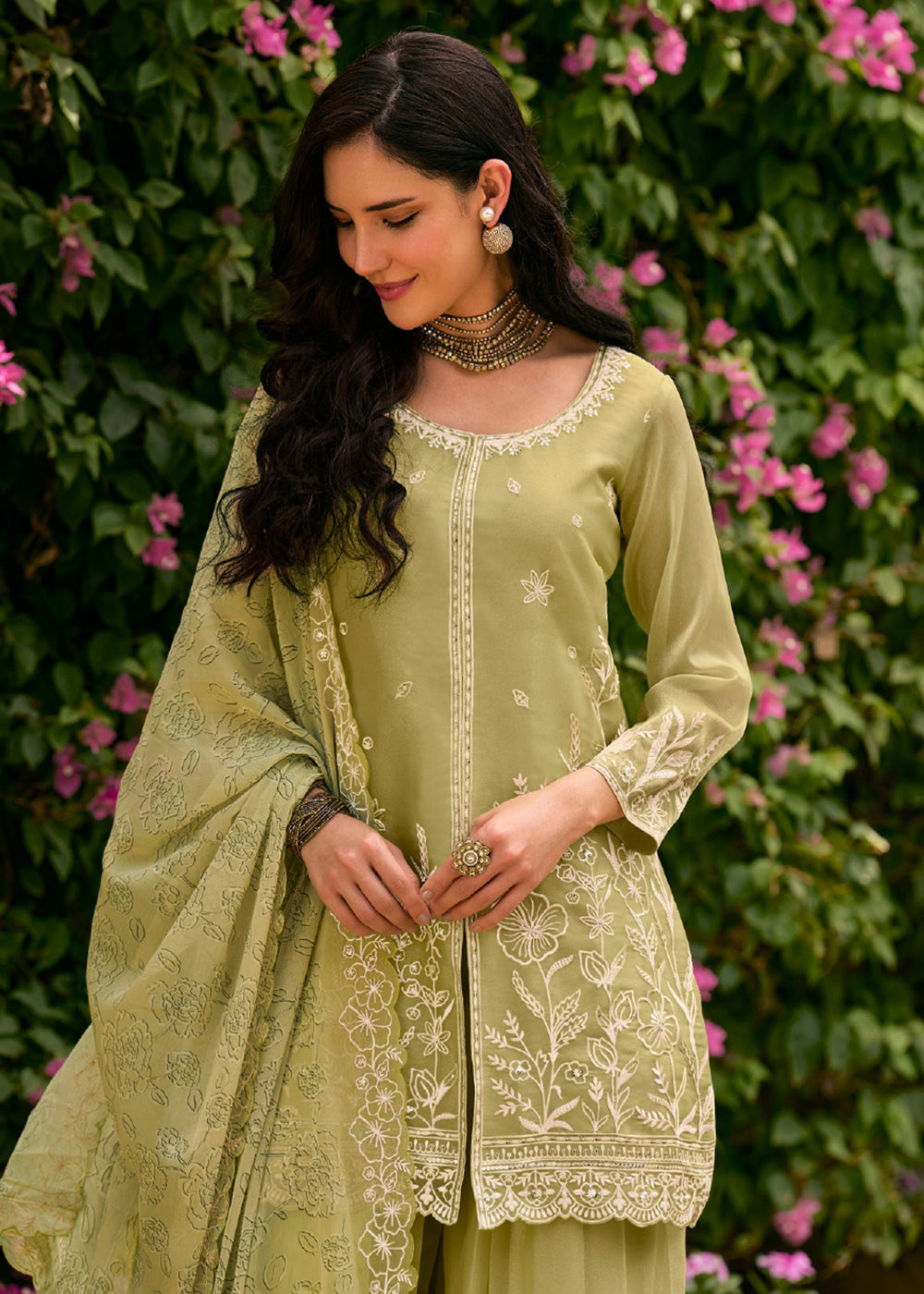Buy Now Green Moss Silk Embroidered Festive Palazzo Style Set Online in US, UK, Canada, Netherlands, Germany, Italy, France, Greece, UAE & Worldwide at Empress.