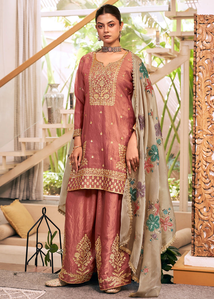 Buy Now Pink Fendy Silk Embroidered Festive Palazzo Style Set Online in US, UK, Canada, Netherlands, Germany, Italy, France, Greece, UAE &amp; Worldwide at Empress.