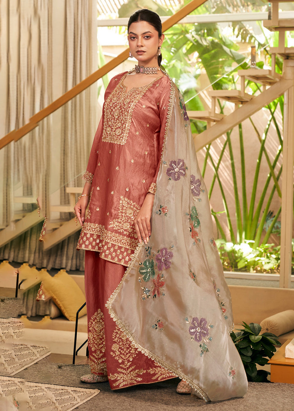 Buy Now Pink Fendy Silk Embroidered Festive Palazzo Style Set Online in US, UK, Canada, Netherlands, Germany, Italy, France, Greece, UAE &amp; Worldwide at Empress.