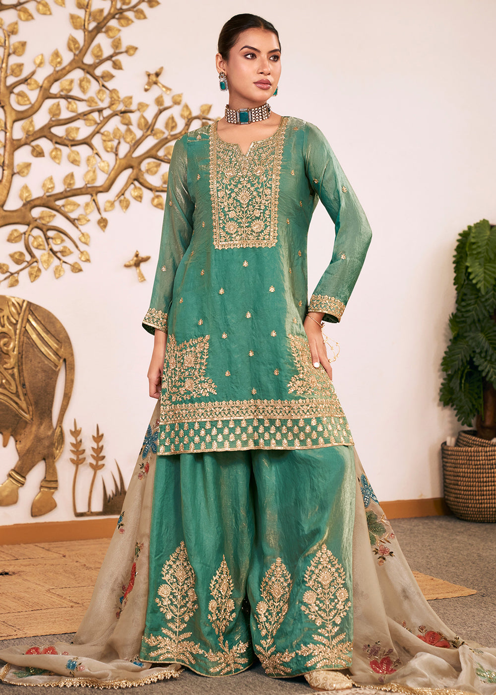 Buy Now Green Fendy Silk Embroidered Festive Palazzo Style Set Online in US, UK, Canada, Netherlands, Germany, Italy, France, Greece, UAE & Worldwide at Empress.