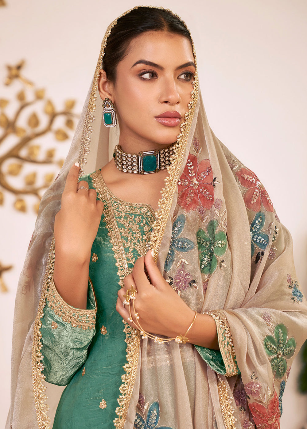 Buy Now Green Fendy Silk Embroidered Festive Palazzo Style Set Online in US, UK, Canada, Netherlands, Germany, Italy, France, Greece, UAE &amp; Worldwide at Empress.