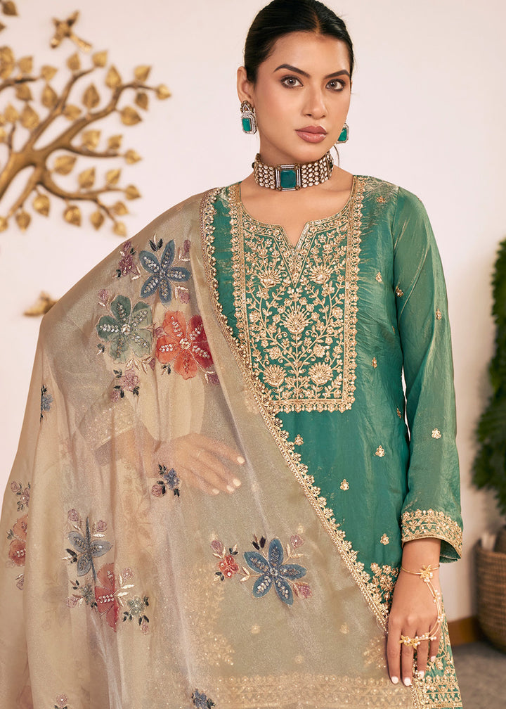Buy Now Green Fendy Silk Embroidered Festive Palazzo Style Set Online in US, UK, Canada, Netherlands, Germany, Italy, France, Greece, UAE &amp; Worldwide at Empress.