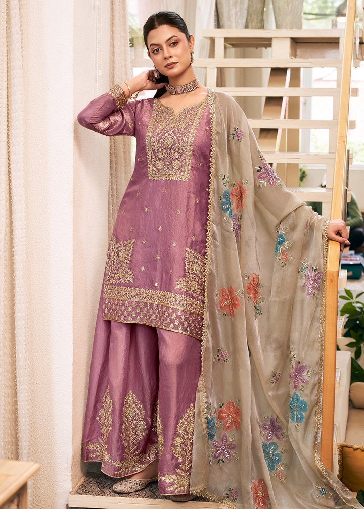 Buy Now Lilac Fendy Silk Embroidered Festive Palazzo Style Set Online in US, UK, Canada, Netherlands, Germany, Italy, France, Greece, UAE &amp; Worldwide at Empress