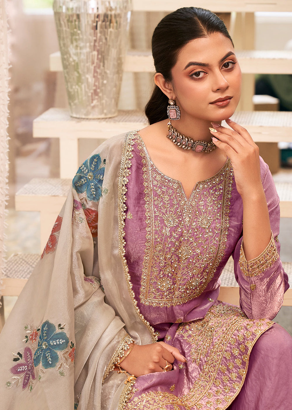 Buy Now Lilac Fendy Silk Embroidered Festive Palazzo Style Set Online in US, UK, Canada, Netherlands, Germany, Italy, France, Greece, UAE &amp; Worldwide at Empress