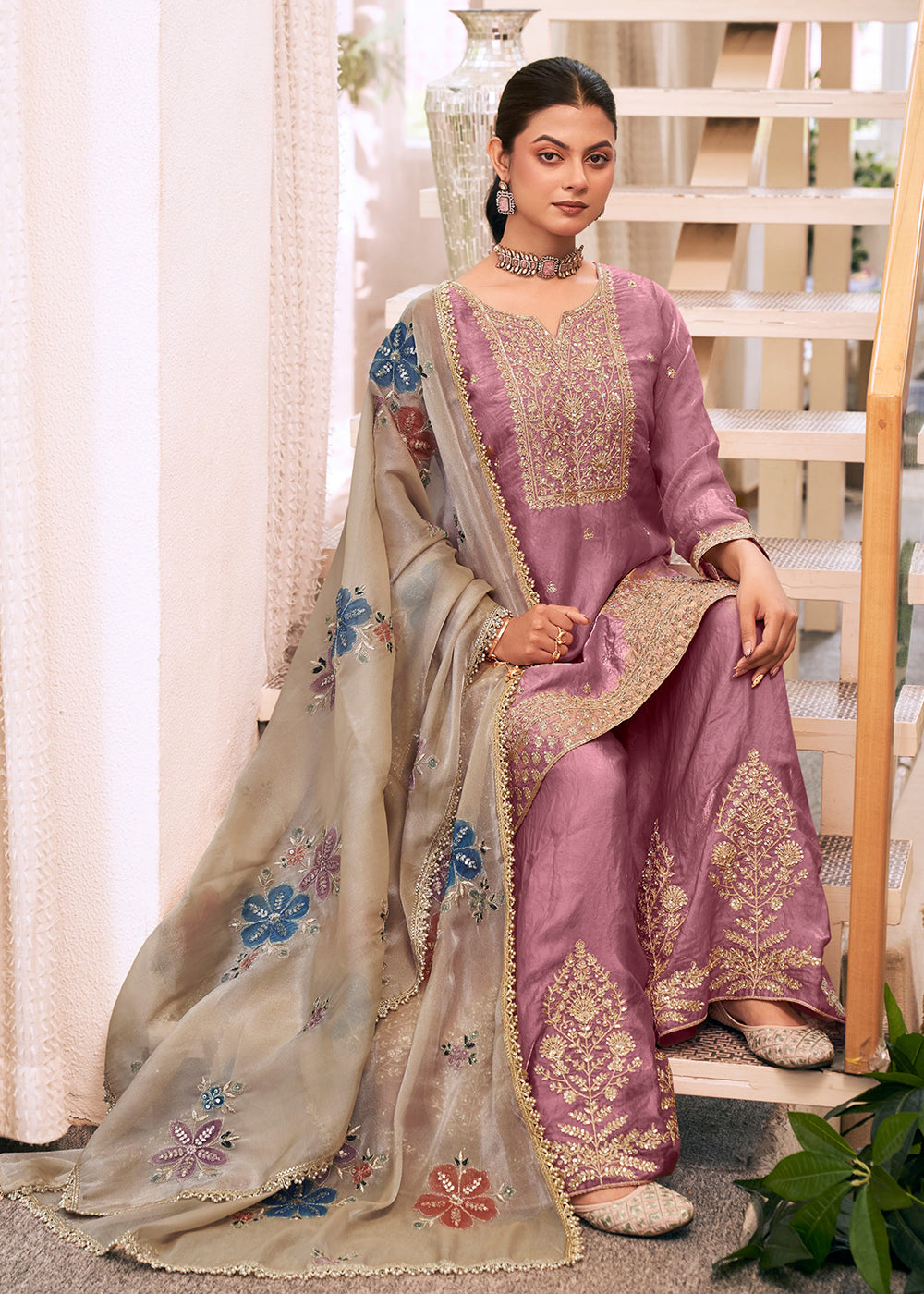 Buy Now Lilac Fendy Silk Embroidered Festive Palazzo Style Set Online in US, UK, Canada, Netherlands, Germany, Italy, France, Greece, UAE &amp; Worldwide at Empress